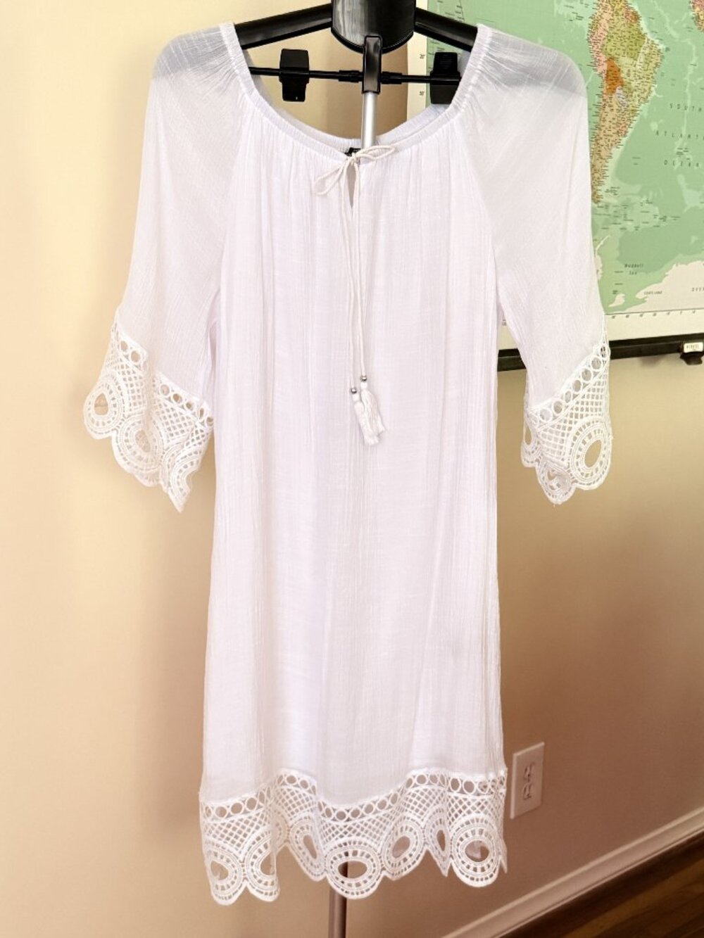 Mlle Gabrielle White Laced Short Sleeve Lined Tunic Dress Size Large